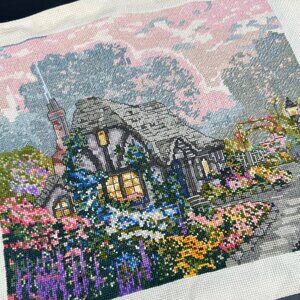 Vintage Needlepoint Embroidery Picture Handmade Cottage Garden Pink Purple Art